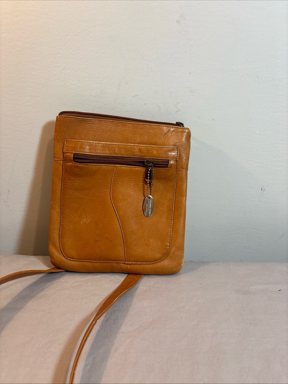 David King Boston Tan Leather Crossbody with Branded Charm